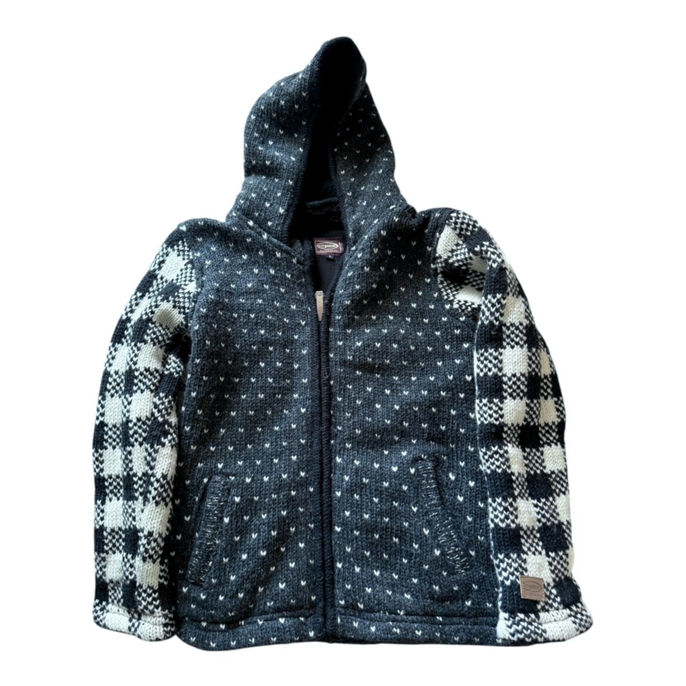 Kyber Wool Jacket Hoodie Nepal Boho Knit Coat Women’s S Black White Plaid Fleece
